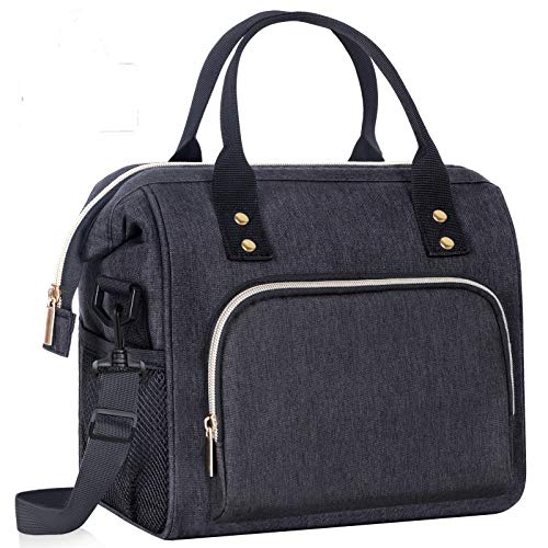 IDEATECH Insulated Lunch Box for Women & Men, Stylish Ladies Lunch Bag for Work, Leak Proof Portable Cooler Bag for Picnic, Black Lunch Tote Bags with Adjustable Shoulder Strap, Gifts for Mom (Black) - color: Black