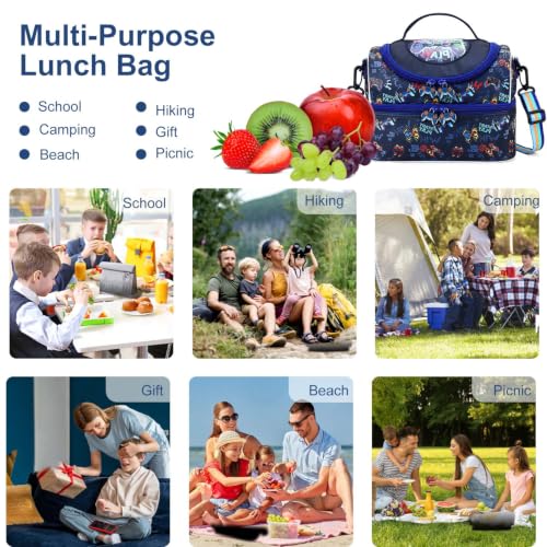 RHCPFOVR Kids Lunch Bag - Double Decker Cooler Insulated Lunch Box for Boys Girls,Washable Lunch Bag and Reusable Toddler Lunchbox for School and Daycare - color: Dark Blue Games