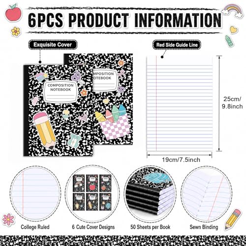 6 Pack Large Composition Notebooks Bulk 9.8 × 7.5 in Wide Ruled Hard Cover Composition Book Assorted Marble Journal College Ruled Paper for College Office Back to School Supplies(Black and White) - size: 6 Pack, style: Composition
