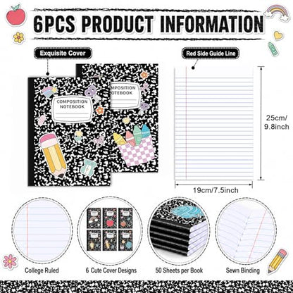 6 Pack Large Composition Notebooks Bulk 9.8 × 7.5 in Wide Ruled Hard Cover Composition Book Assorted Marble Journal College Ruled Paper for College Office Back to School Supplies(Black and White) - size: 6 Pack, style: Composition