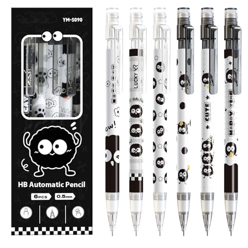 6Pcs Black Cute Mechanical Pencils with Eraser 0.5mm Kawaii Cartoon Mechanical Pencil School Pencil Gifts for Women Man - style: 1 kawaii