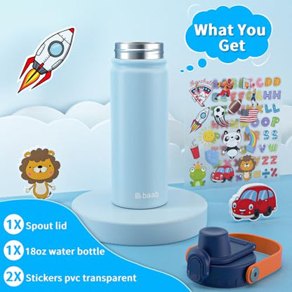 baab 18oz Kids Water Bottle, Insulated Kids Water Bottle with Lockable Spout Lid & Stickers, 18/8 Stainless Steel Vacuum Leakproof Kid Water Cup with Handle for Boy & School (Light Blue+Navy Blue) - color: Light Blue+Navy Blue, size: 18 Ounces