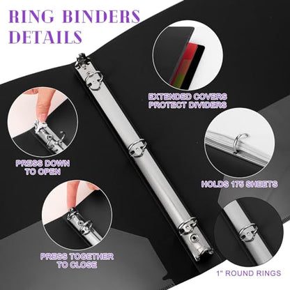 Fulmoon 24 Pcs 3 Ring Plastic Binders Bulk with 2 Pockets Flexible Binder with Transparent View Cover Plastic Binder for Home Office(1 Inch,Black) - color: Black, size: 1 Inch