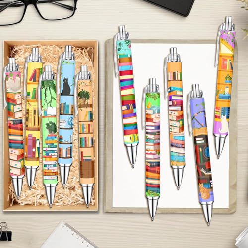 Idealmuzik Bookshelf Theme Ballpoint Pens, 10 Pack – Colorful Book & Library Design Pens with Reading and Study Icons, Smooth Writing Pens for Students, Teachers, Readers & Office Use - style: Bookshelf
