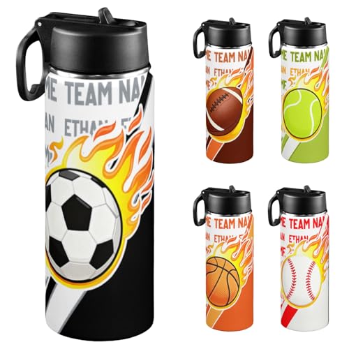 Personalized Water Bottle for Kids for School, Customized Kids Insulated Bottle with Name for Boys, Stainless Steel Thermo with Straw, 18oz,Basketball Soccer Baseball Football Tennis Volleyball - color: Sports02