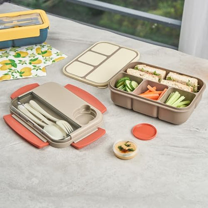 Restaurantware-Bento Tek 43.9 Ounce Bento Box, 1 Reusable Lunch Container - With Cutlery, Does Not Contain BPA, Brown And Orange Plastic Reusable Lunch Box, Sauce Cup Included, Microwavable - size: 1 Count, style: 44 oz - Brown
