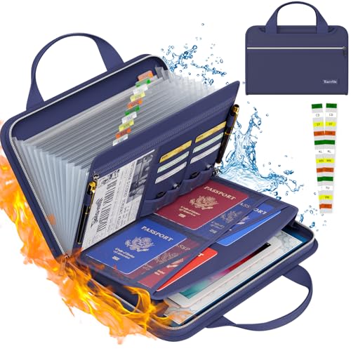 Tamfile Fireproof Accordion File Organizer, 13 Pocket Expanding File Folder | Document Organizer with Handle, File Folder with Multi-Pockets Paper Organizer for A4 File, Blue - color: Blue, style: Clear Pocket