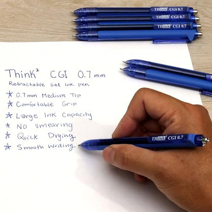 [24 Pens - Blue Ink] Think2 0.7mm CGI Retractable Gel Pens. (24 Blue) Medium Point Rollerball Pens with Smooth Quick Drying Ink. - color: Blue