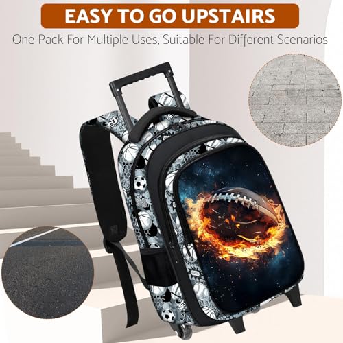 Boys Rolling Backpack for Kids - American Football Kids Rolling Backpack with Wheels for Elementary Middle School Students - Roller School Bookbag Aged 6-18, Wheeled Travel Bag Large Capacity - color: Football-002-backpack Only