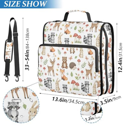 Zipper Binder Bag 3 Ring File Folder Portfolio Organizer Zippered Binder Bags with Strap Fits Laptop Women Men - color: Multi-cute Animals Woodland