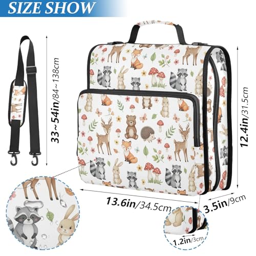 Zipper Binder Bag 3 Ring File Folder Portfolio Organizer Zippered Binder Bags with Strap Fits Laptop Women Men - color: Multi-cute Animals Woodland