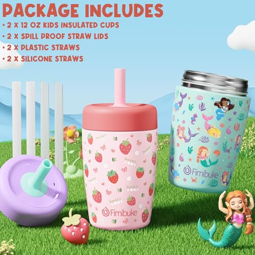Fimibuke Kids & Toddler Cups Spill Proof, 12 OZ Insulated Sippy Cups for Toddlers Boys Girls, BPA-Free Toddler Straw Tumbler, Stainless Steel Kids Water Bottle with Twist Lids & Silicone Straw, 2 Pack - color: Green & Blue