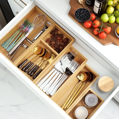 MapleGrace Bamboo Drawer Organizer Set, Individual Wood Storage Organizers | 5 PCS Multi-Use Junk Drawer Divider, Storage Trays Containers for Kitchen, Bathroom, Office Desk, Makeup, Jewelry, Utensils - size: 5