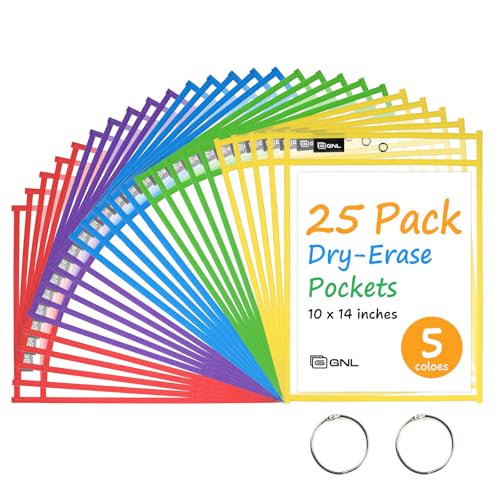 GNL Dry Erase Pocket Sleeves 25 Packs, Reusable Clear Plastic Ticket Holders with Rings, Durable & Easy-to-Erase Sheet Protectors, Assorted Colors 10x14 Inch for Classroom & School Teacher Supplies - color: Assorted Colors, size: 25 Packs