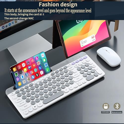 Wireless Keyboard and Mouse Combo with Phone Tablet Holder, Rechargeable Dual-Mode (Bluetooth 5.0 and 3.0 +2.4G) Multi-Device Silent Mouse for Windows, iPad, Tablet, MacOS,iOS,Android (Grey+White) - color: Grey+White