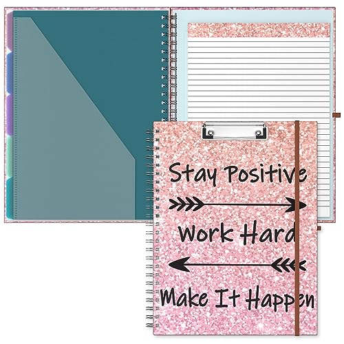 Hongri Clipboard Folio with Refillable Lined Notepad, 8.5 x 11 Folders with Storage 10 Pockets, Spiral Portfolio, Size 12.8x 9.7 in, Office & School Supplies, Cute Work Hard - color: Cute Work Hard