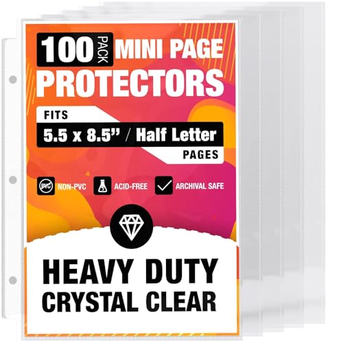 Half Letter 8.5x5.5’’ Pack of 100 Heavy Duty Page Sleeve Protectors for Mini 3-Ring Binders, Top Loading Crystal Clear & Archival Safe Refill Sheets, Acid-Free & Reinforced Holes - size: Mini 1 Pocket (5.5x8.5"), style: 100 Pack