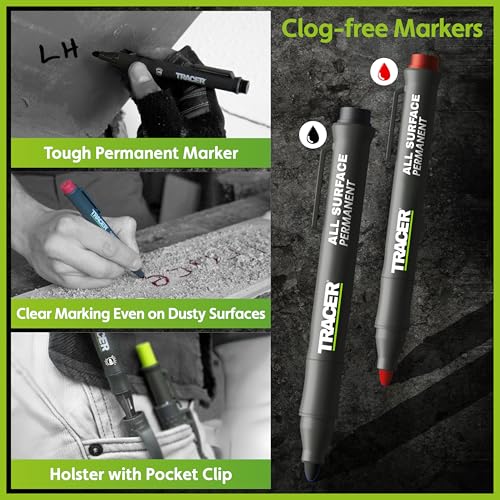 Tracer Marking Kit - Deep Hole Pencil, ALH1 Lead set and 2 Clog Free Markers with Holsters. Construction pencil & Marker set - style: 4pc Set