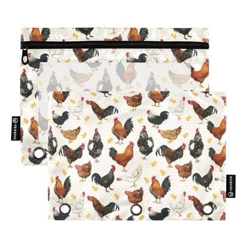 ALAZA Pencil Pouch for 3 Ring Binder, Hens Roosters and Chickens Binder Pencil Pouches with Clear Window Zipper Pencil Case Cosmetic Bags for Office College Supplies, 2PCS - color: color 59, size: one sizex2