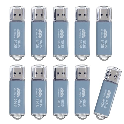 LinkMore 64GB (10 Pack) NR35 USB Flash Drive – USB 3.2 Memory Stick with Cap and Keychain Loop, Up to 70MB/s Read, 10MB/s Write – Plug & Play USB Drive for PC, Mac, TV, Car - color: Mist Blue(NR35)-64GB-10pack, size: 64GB