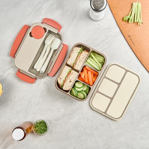 Restaurantware-Bento Tek 43.9 Ounce Bento Box, 1 Reusable Lunch Container - With Cutlery, Does Not Contain BPA, Brown And Orange Plastic Reusable Lunch Box, Sauce Cup Included, Microwavable - size: 1 Count, style: 44 oz - Brown