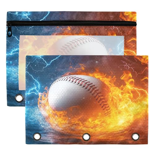 Wamika Baseball Softball Binder Pouches 3 Ring for Boys Girls School Office College Supplies Red Lace Over White Background Sports Theme Pencil Pouches Case Bag with Clear Window and Zipper 2 pack - color: Baseball