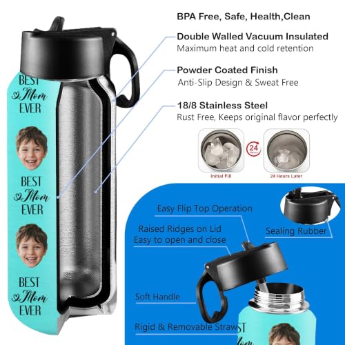 D-Story Personalized Water Bottle with Straw Lid - Custom Face Photos & Text to Prevent Loss, 18 oz Leak-Proof Stainless Steel Insulated Flask, Picture Gifts for Birthday Anniversary Back to School - color: Face Picture