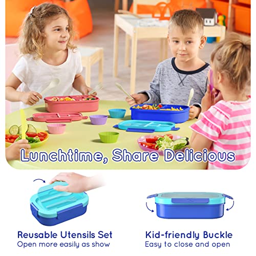 Kids Bento Lunch Box Leakproof Lunch Box with 4 Compartments Lunch Containers with Tableware Kids Bento School Lunch Boxes with Container 44oz, Microwave Dishwasher Freezer Safe (Blue) - color: Blue