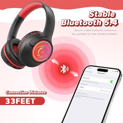 Kids Bluetooth Headphones, 85H Playtime Wireless Headphones for Kids, Colorful LED Lights, 85/94dB Safe Volume Limit, Bluetooth 5.4 Built-in Mic Toddler Headset for Tablet/Airplane/Travel (Black） - color: Black