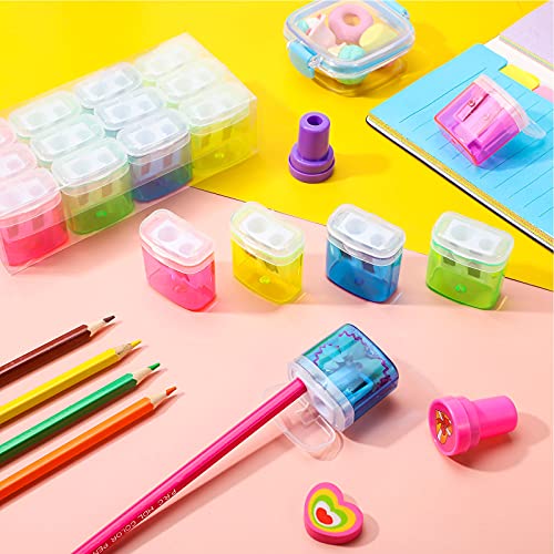 Tenare 48 Pcs Back to School Pencil Sharpeners Manual Double Hole Pencil Sharpener with Lid Hand for Home School Office, Graduation Gifts Handheld Plastic Crayon Sharpener