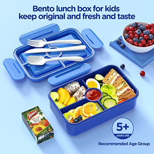 Jelife Bento Lunch Box for Kids - Leakproof Large Bento-Style with 4 Compartments Portions Lunchbox with Tableware Back to School, Reusable On-the-Go Meal and Snack Packing, Blue - color: 1100ml-Blue