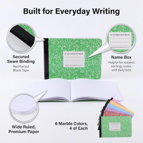 24 Pcs Wide Ruled Composition Notebook Bulk, 4-7/8"x 7.5" Mini Notebooks | Primary Composition Notebooks K-2, Half Size Small Pocket Journal Books, Back to School Gifts for Students