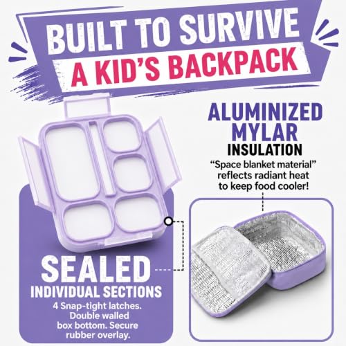 kinsho Lunch Boxes for Kids Girls Teens - Bento Box Set with Insulated Bag and Ice Pack, 6 Compartment Leak Proof Food Container, BPA-Free, Microwave Safe, Ideal for School & Work, Purple - color: Purple