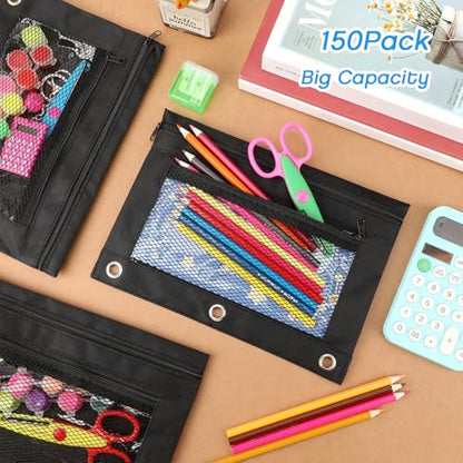 Zhehao 150 Pieces Zipper Binder Pencil Pouches 3 Ring Binder Zipper Pouches Case with Window Ring Pencil Bags Case or Office School Students Supplies(2 Zipper,Full Black) - size: Full Black, style: 2 Zipper