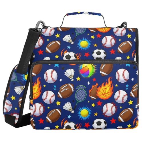 Soccer Baseball Rugby Star Zipper Binder 3 Ring with Shoulder Strap | Multi-Pocket Organizer, 2 Inch Binder Holds 500 Sheets, Zipper Binders Organizer for School Students Office - color: Multicolored.24
