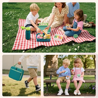 MAISON HUIS Bento Box for Kids with 8oz Soup Thermo, Insulated Lunch Bag & 17oz Water Bottle, 2-Compartment Bento Box with Built-In Ice Pack, Leak-Proof & BPA-Free (Green) - color: Green