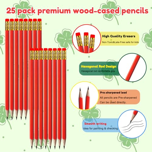 Adhere 25pcs Woodcase Pencils with Eraser Premium Pre-Sharpened Hexagon Graphite 2B pencils ideal for home, office writing including a Free Sharpener - color: Red・25pcs