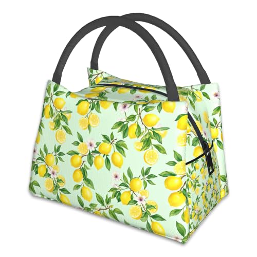 Lemon Reusable Lunch Bag,Green Leaf Insulated Small Lunch Box for Kids Adult Women,Leakproof Cooler Tote Bags for Student Teacher Work Camping Picnic School - color: Lemon