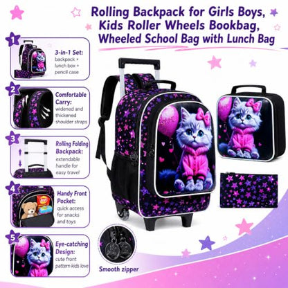 WZLVO 3PCS Wheeled Backpack, 18" Sparkling Cat Print Girls Rolling Backpack, Includes Matching Lunch Bag & Pencil Bag - Cat in Pink Dress (Purple) - color: 3PCS Girls Rolling Backpack - Cat in Pink Dress