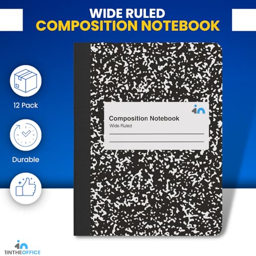 1InTheOffice Composition Notebook Wide Ruled, Black Marble, 100 Sheets, 9.75" x 7.5", Durable Sewn Binding, Bulk 12‑Pack