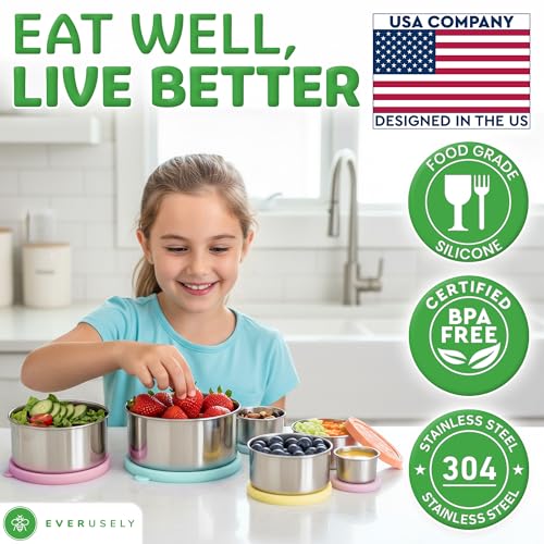 Everusely - Stainless Steel Containers with Lids - Set of 6, Bright Collection - Leakproof Stainless Steel Food Containers - Nesting Snack Holders - Metal Lunch Box - Portable & Reusable Meal Kit - color: Pack of 6