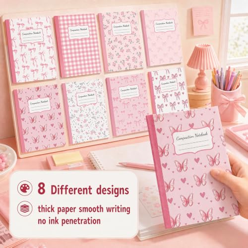 8 Pack Pink Bow Composition Notebooks Bulk Pink Notebook College Ruled Journal 100 Pages Cute Aesthetic Bow Composition Books Back to School Gift for Student Teacher Office Supplies 9.7x7.5 Inch - color: Pink Bow