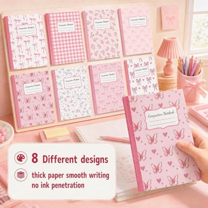 8 Pack Pink Bow Composition Notebooks Bulk Pink Notebook College Ruled Journal 100 Pages Cute Aesthetic Bow Composition Books Back to School Gift for Student Teacher Office Supplies 9.7x7.5 Inch - color: Pink Bow
