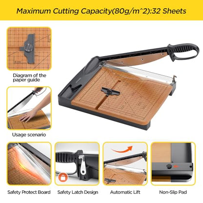 12'' Wood Guillotine Paper Cutter, Heavy Duty Wood Base Paper Trimmer with 32 Sheets Capacity Paper Cutting Board for Classroom, Crafting, Cardstock, Art Projects