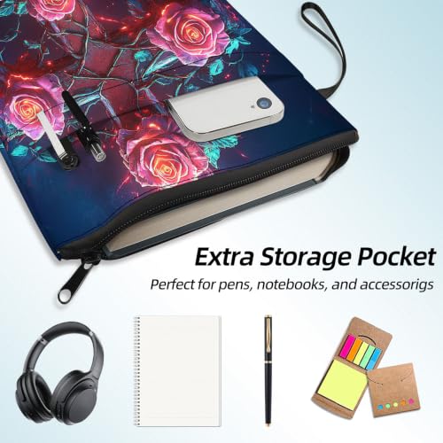 Padded Book Sleeve with Zipper & Front Pocket, Fabric Book Cover | Gothic Rose Flower Cross11.4"x8.7" Washable Canvas Pouch for Hardcovers, Tablets & Reading Accessories - color: Gothic Rose Flower Cross