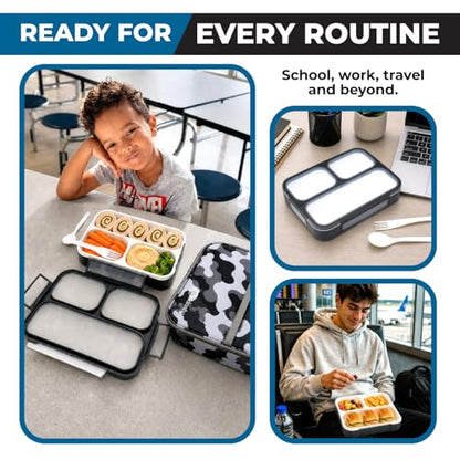 kinsho Camo Lunch Boxes for Boys Teens Adults - Bento Box Set with Insulated Bag and Ice Pack, 3 Compartment Leak Proof Food Container, BPA-Free, Microwave Safe, Ideal for School & Work, Black Gray - color: Black with Camo Bag