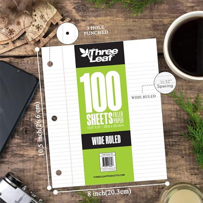 THREE LEAF 100 SHEETS WIDE RULED FILLER PAPER, PACK OF 6, LOOSE-LEAF SHEETS FOR SCHOOL AND OFFICE 100 CT. FILLER PAPER, NOTEBOOK PAPER - color: Wide Ruled, size: Pack of 6