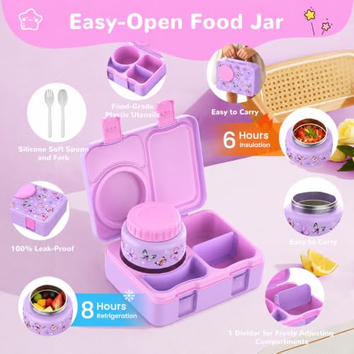 Kids Lunch Box with Thermo, Leakproof Bento Box for Kids with 8OZ Insulated Food Jar, Ice Pack, Sauce Cup, Utensils, Removable Tray & Dividers for School Daycare Travel (Butterflies) - color: Butterflies