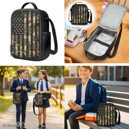 American Flag Backpack for Boys Camo Backpack and Lunch Box for School with Water Bottle Holder Large Pencil Case 4PCS Set Bookbag with Front Pocket As Back to School Birthdays Gifts - color: American Flag Camo