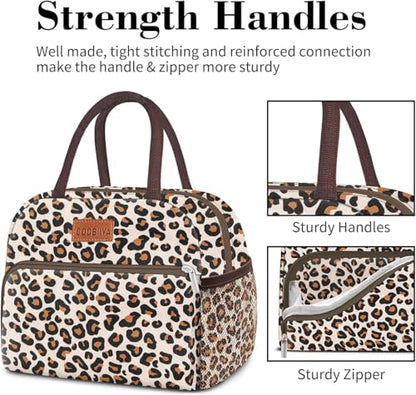 Coobiiya Lunch Box for Women, Reusable Cute Insulated Lunch bag Tote Bags | Large Capacity Cooler Thermal Leakproof for Work Travel Picnic - color: Leopard